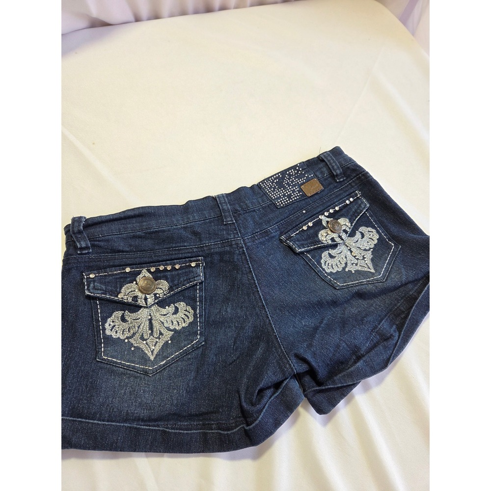 Y2k LA Jeans Dark Wash Rhinestone Fleur De Lis Embroidered Denim Shorts Size 5